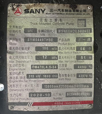 2020 SANY 56m Kullanılmış Beton Pompa Kamyonu Benz Şasi ile